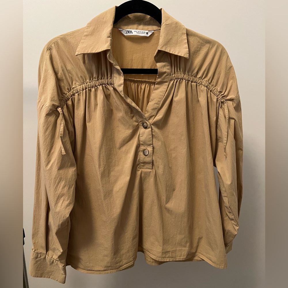 Zara Tan Button Down Blouse. S.